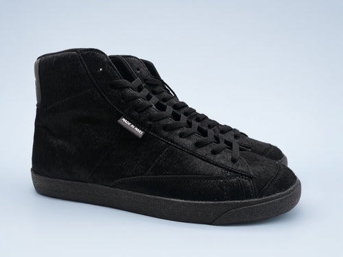 Ray Mitch Black high-top in black hair-on-hide, side view, Made in Mars label