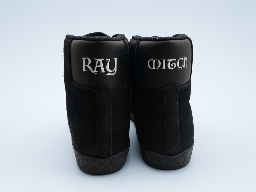Ray Mitch Black pair from the back, silver RAY and MITCH on the leather heels