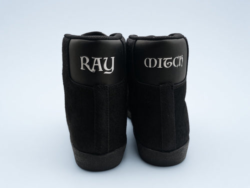 Ray Mitch Black pair from the back, silver RAY and MITCH on the leather heels