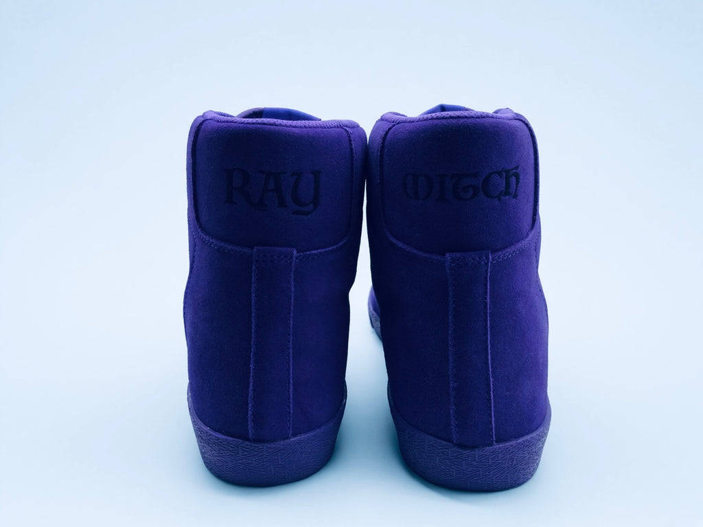 Ray Mitch Purple pair from the back, black embroidered RAY and MITCH