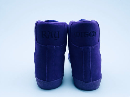 Ray Mitch Purple pair from the back, black embroidered RAY and MITCH