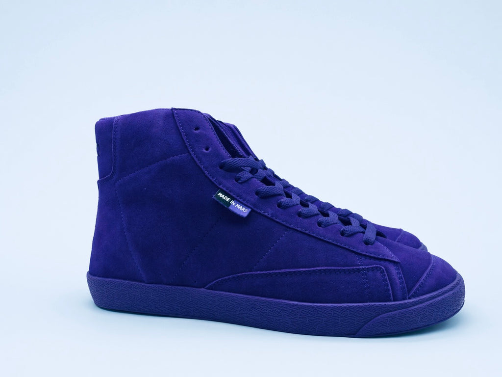 Ray Mitch Purple high-top in purple suede, side view, Made in Mars label
